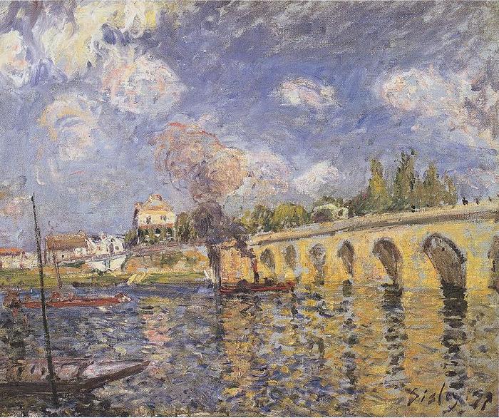Alfred Sisley River-steamboat and bridge Spain oil painting art